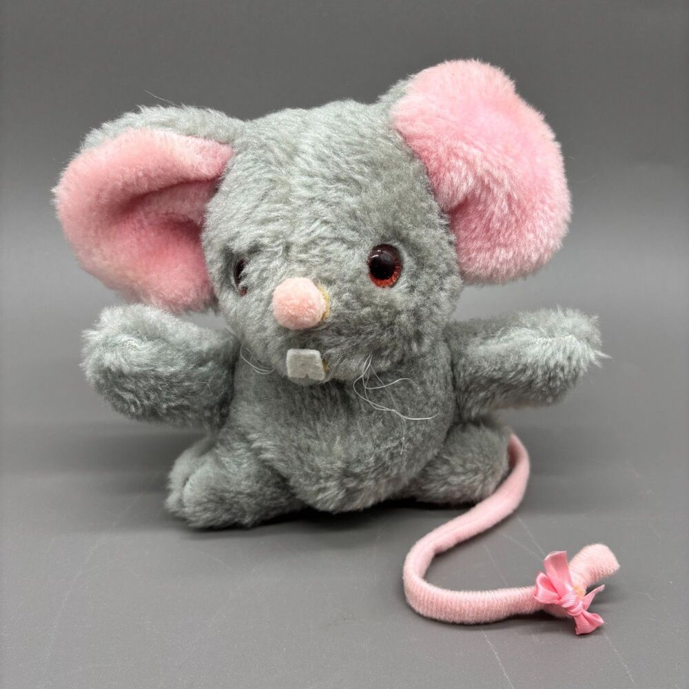 Vintage Russ Berrie Bitzi Mouse Plush Gray Pink Weighted Stuffed Animal Toy 1977